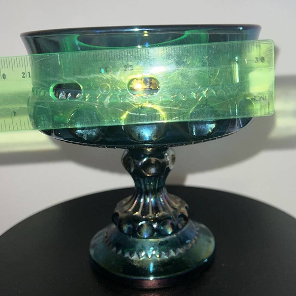 Vintage Indiana Glass Kings Crown, Blue Carnival Glass Compote Pedestal Bowl - Picture 5 of 6